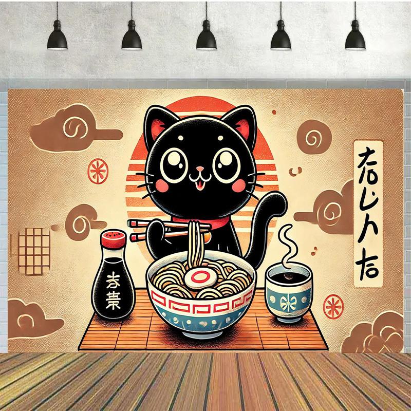 2D Plane Background Fabric of a Cute Cat Eating Ramen Multi-purpose Indoor/outdoor Celebration Polyester Fiber