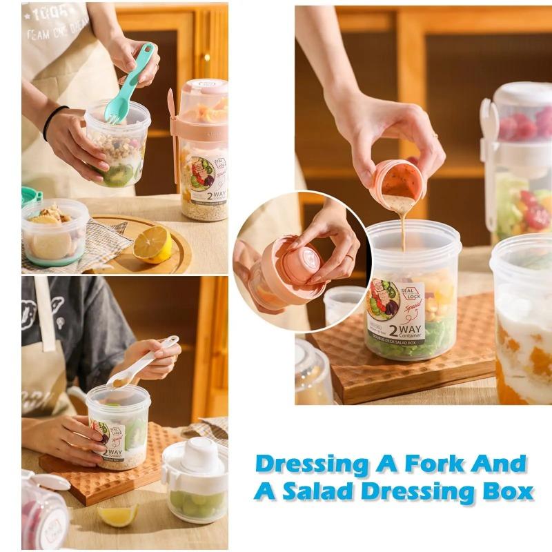 Sallad Havregrynsmugg 500ml+300ml Läcksäkert Lock med Gaffel Sked Handledsrem Bärbar Bento Matlåda för Kontor Gym Resa