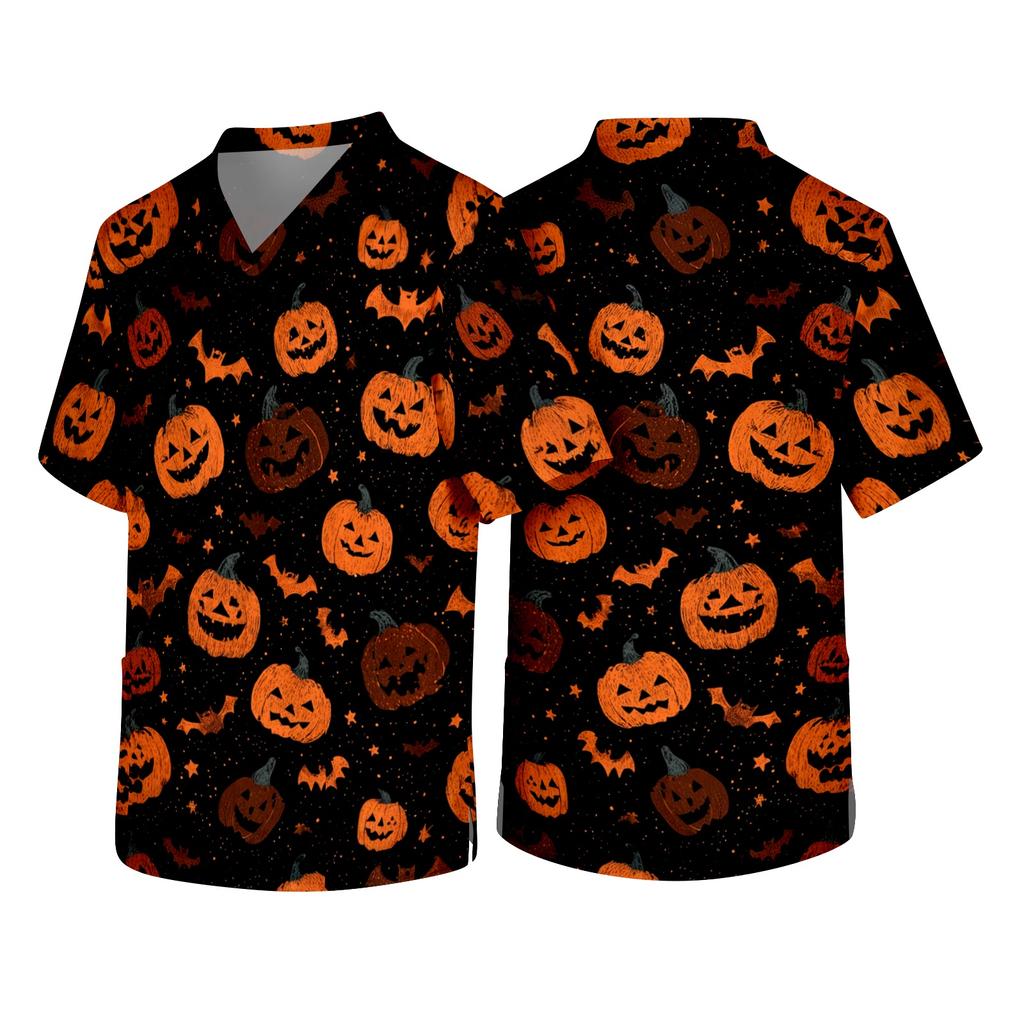Men's Short Sleeve V Neck Halloween Print Medical Scrub Top with Chest Pocket Comfortable Fit Durable Fabric Suitable for Healthcare Professionals