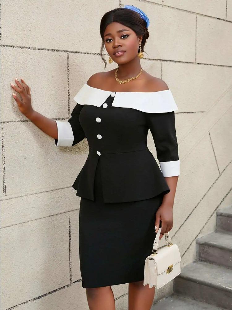 Elegant Off Shoulder Black Dress for Women Contrast Trim Button Detail Bodycon Midi Skirt Set Church Wedding Guest Formal Outfit