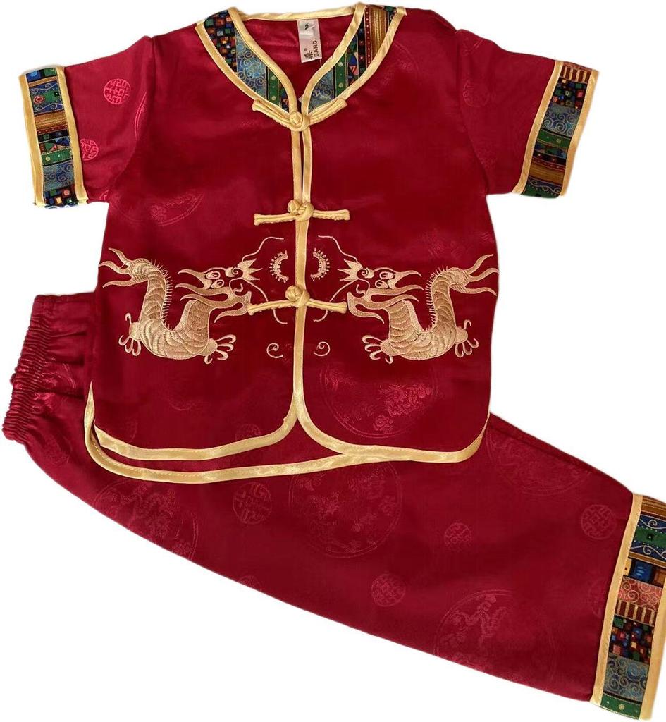 Red Double Dragon Embroidered Tang Suit Set - Boys' Short Sleeve Summer Wear