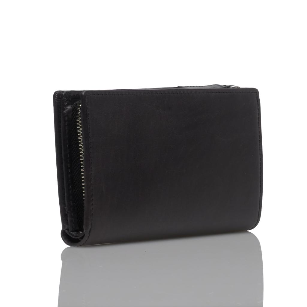Katharine Hamnett London Calf Leather Mid-Length Wallet with Bill Compartment, Card Slots, and Coin Purse, Black, 490-50803