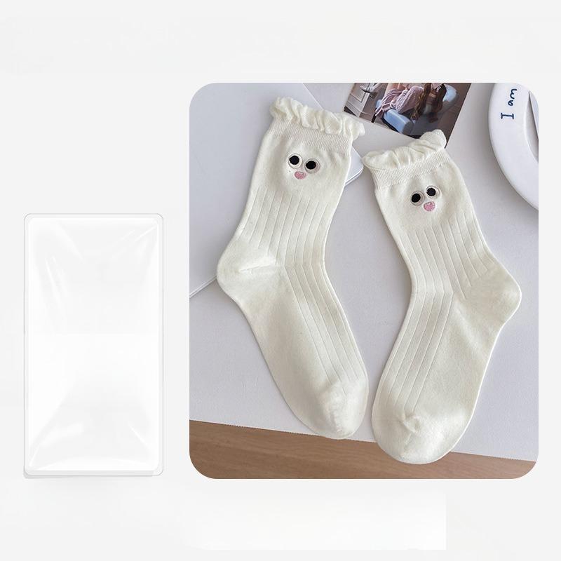

Female Autumn and Winter Pure Color Lovely Playful Big Eyes Embroidery Lace Boneless in Tube Socks 1 pair молочный белый