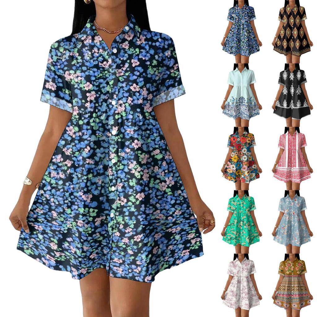 Women's Casual Loose Fit Shirt Dress Button Front Short Sleeve Collared Dress A-Line Hem Summer Dress