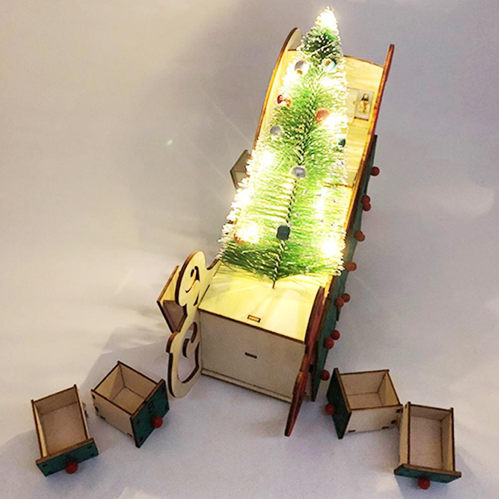 Christmas Wooden Advent Calendar, Countdown To Christmas With 24 Drawers, Sleigh Shape Christmas Tree DIY Advent Calendar With Lights