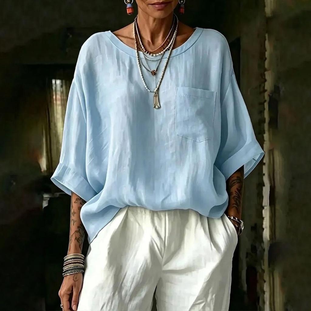 Women's Casual Cotton Linen Sleeve Loose Fit T-Shirt for Everyday Wear
