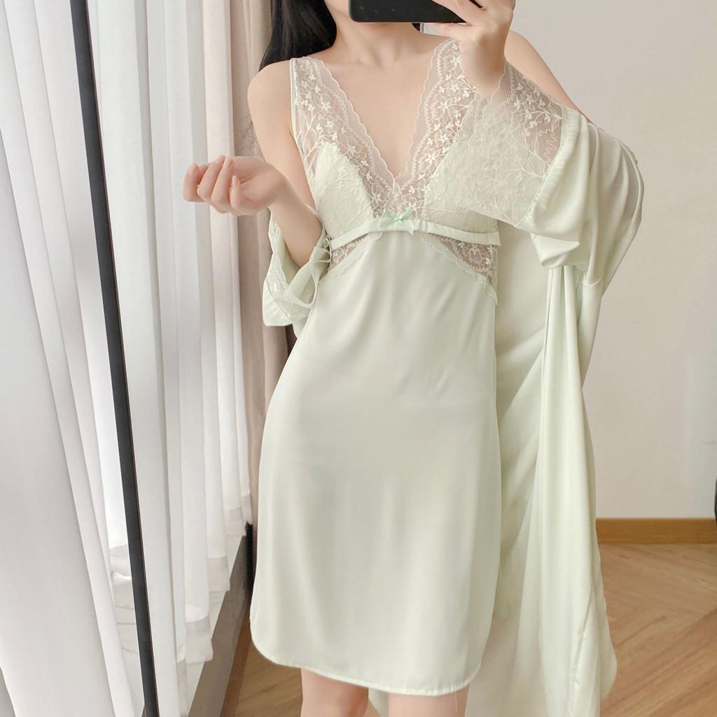 1011 New Pajamas Female Sexy Summer Ice Silk Thin Splicing Lace Beautiful Back Suspender Nightdress Nightgown