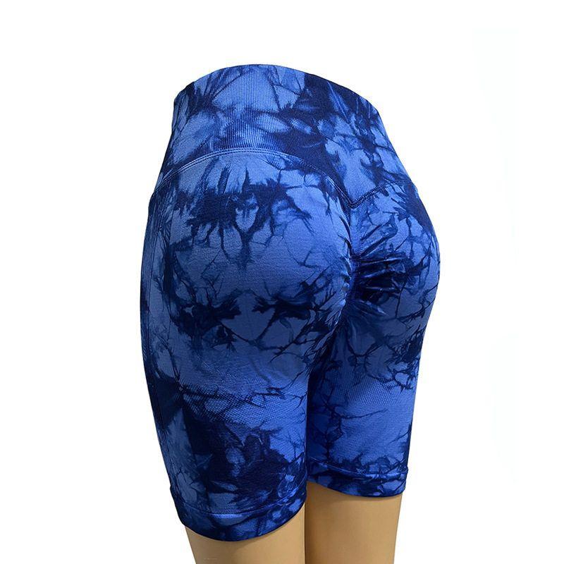 European and American Style Seamless Tie-Dye Yoga Shorts, High-Waisted, Butt-Lifting, Peach Seam, Outdoor Running, Sports, Fitness, Five-Point Shorts Sapphire blue L