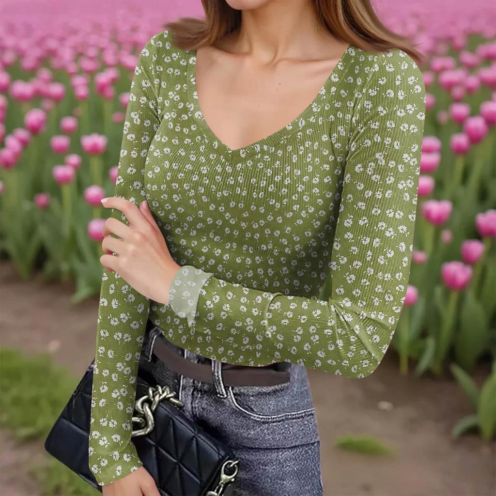 Women's Winter Slim-Fit Base Layer T-Shirt Fashionable Print V-Neck Pullover Long-Sleeved Top