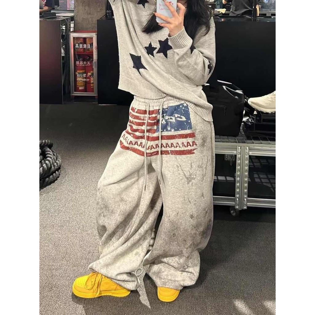 FlowStreet Y2K College American Hip-hop Goth Print Drawstring Wide Leg Sweatpants Loose 90s High Street Sports Trousers Floor Length Pants