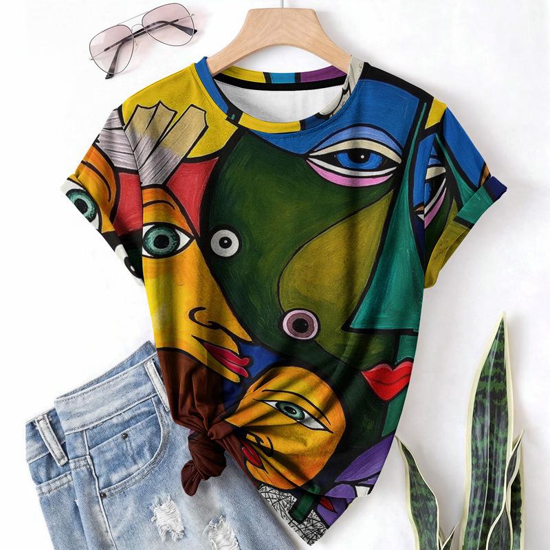 T-shirt da donna estiva a girocollo a maniche corte con motivo astratto stampato in 3D, artistica, leggera, casual e alla moda