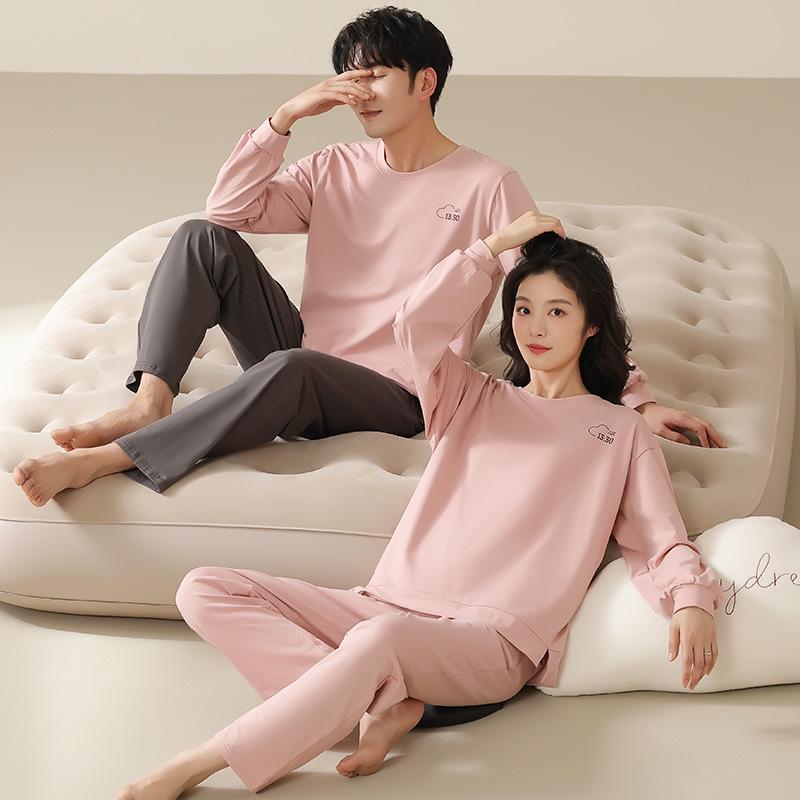 Autumn Pure Cotton Couple's Long Sleeve Pajamas Set for Men and Women