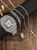 Men's new exquisite square diamond-set dial steel strap quartz watch cross pendant necklace chain bracelet ring set fashion vers