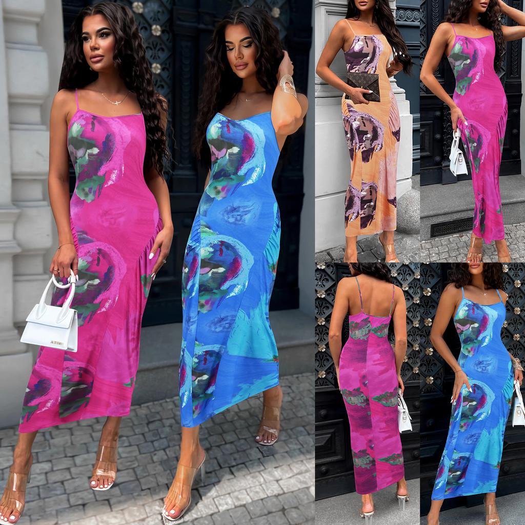 

Women Fashion Casual Elegant Party Suspender Strap Print Sleeveless Midi Long Dress