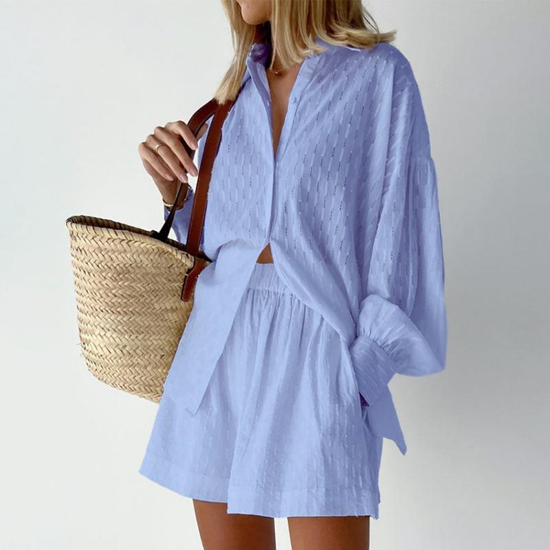 Summer Women's Casual Jacquard Shorts Suit Women Loose Long Sleeve Shirt Two Piece Set Lady Shorts 2 Piece Set