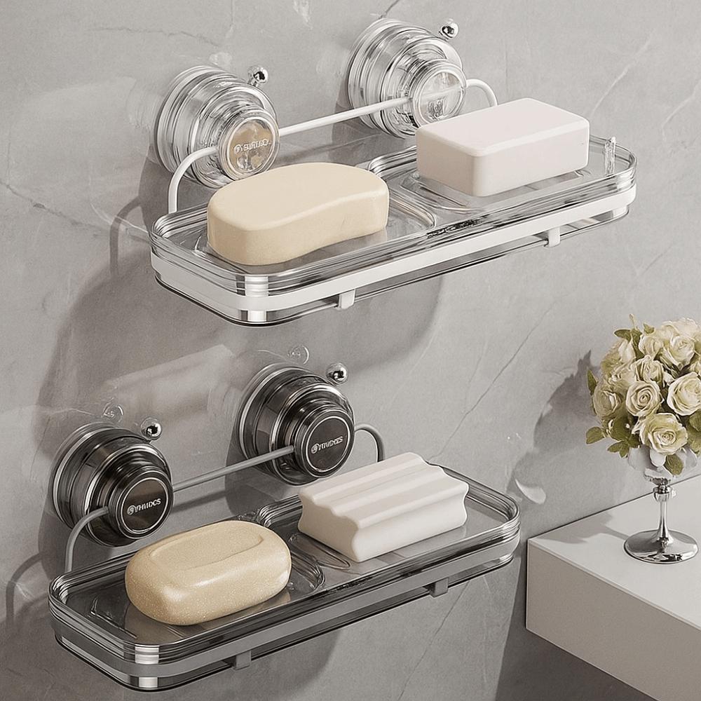 Plastic Suction Cup Soap Dish Wall Mounted Soap Tray Multifunctional Double Soap Dish  for Home