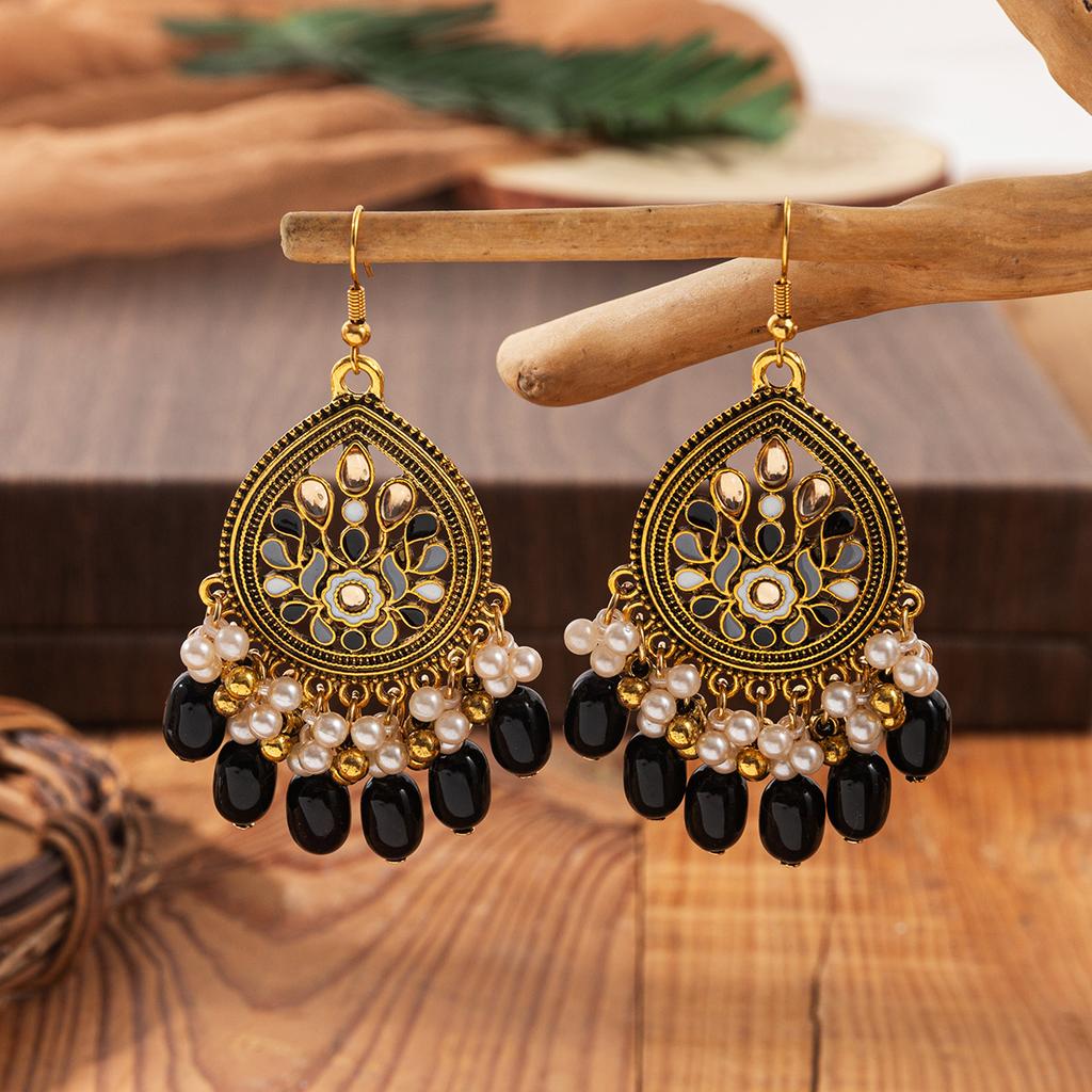 Light Luxury Water Drop Pearl Bead Tassel Earrings In Vintage Ethnic Style  European and American Women's Long Earrings
