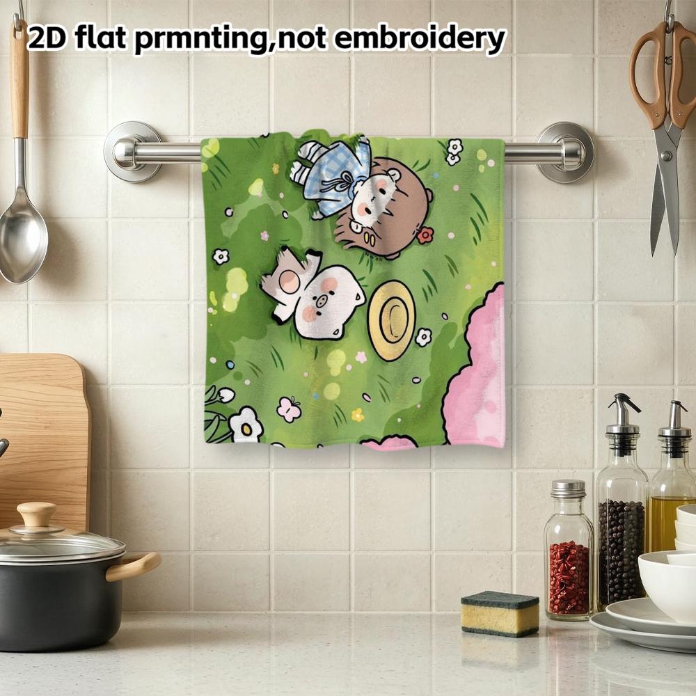 Cherry Blossom Picnic Cute Girl And Pig Quick Dry Towel, Soft Bathroom Towel