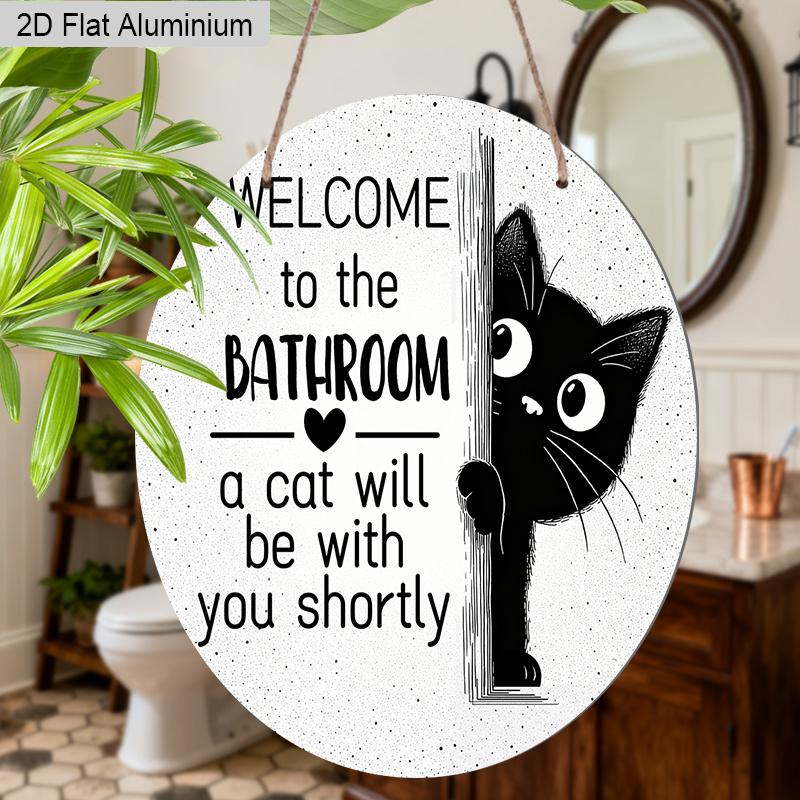 2D Flat Aluminium Bathroom Sign with Black Cat Pattern - Funny Decorative Sign & Plaque - Ideal for Bathroom Wall Decoration - Home Hanging Decor for