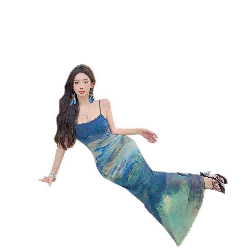 New Smudged Mesh Temperament Dress Women's Summer Literary and Retro Commuter Word Skirt Breathable Vacation Dress