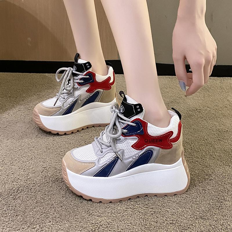 Women Chunky Sneakers  Autumn Breathable Mesh Casual Shoes 11CM Wedge Heels Platform Shoes Chaussures Femme Sports Dad Shoes
