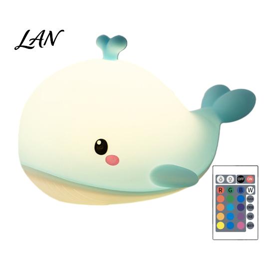 Portable Animal Night Light Cute Whale Silicone Touch Light, USB Rechargeable Bedside Lamp with Charging 3 Brightness & Remote Control, 30 Min