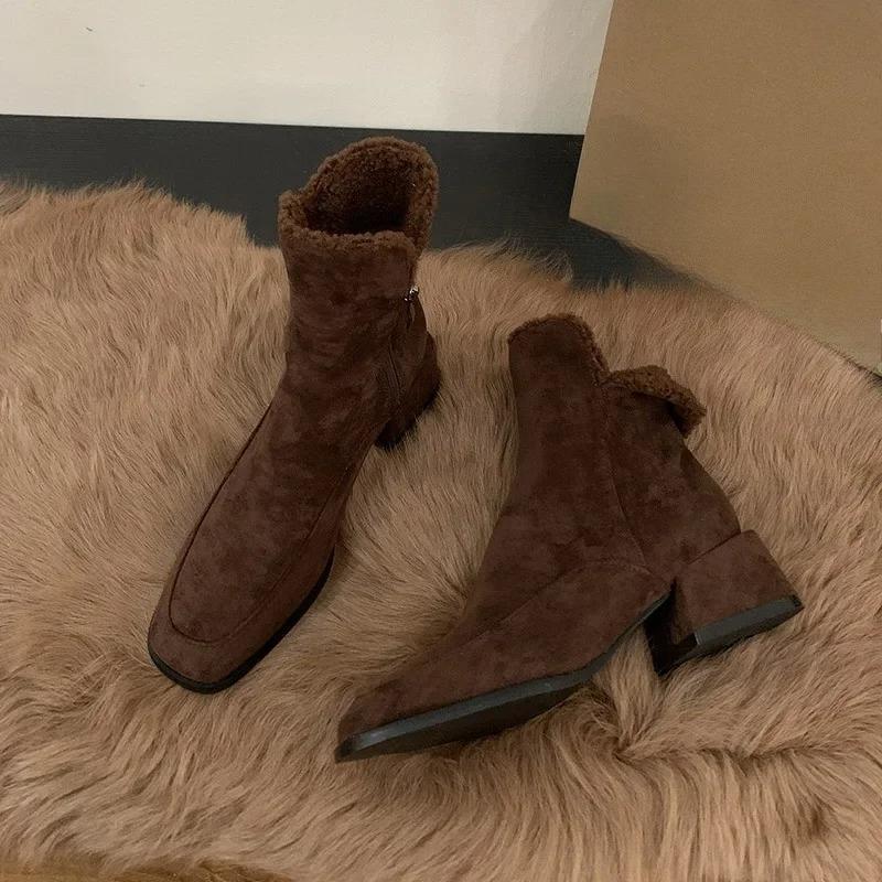 2025 NEW Winter Warm Women Snow Boots Fashion Square Low Heel Ladies Elegant Cotton Short Boots Street Style Square Toe Footwear