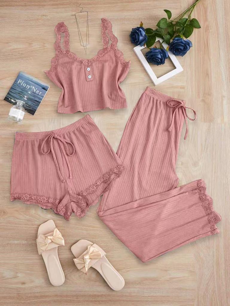 Popular Women's Three-Piece Lace Trim Pajama Set: Camisole, Shorts, and Long Pants