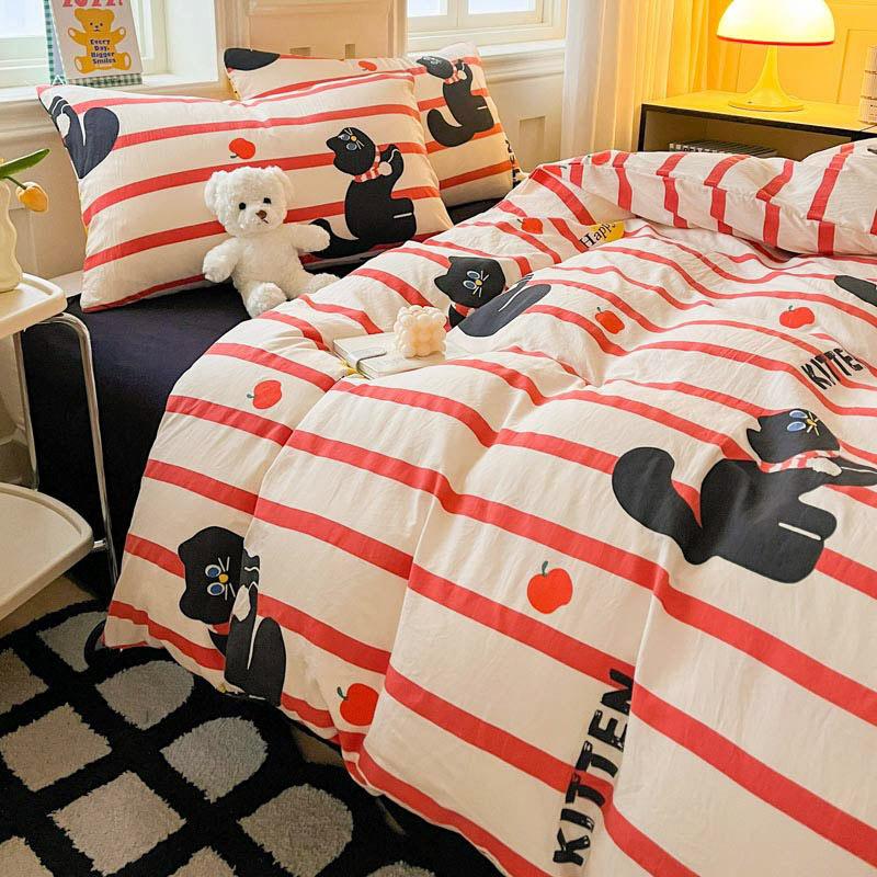 Small Clear Four-piece Set of Washed Cotton Sheets, Quilt Cover Three-piece Set of Bedding