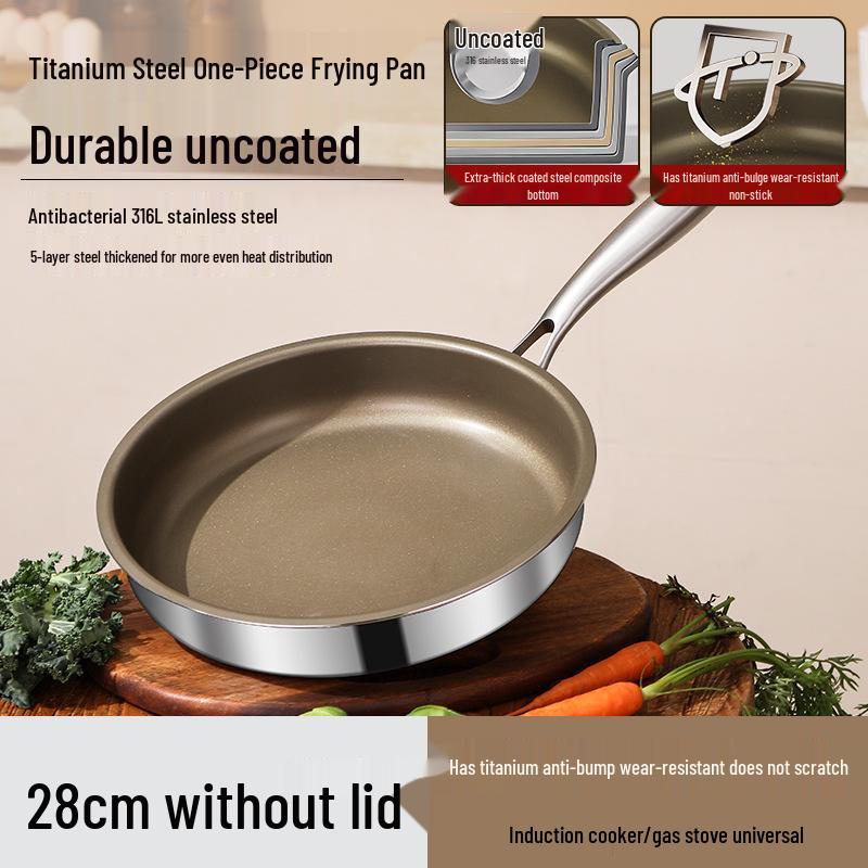 Titanium 316L Non-Stick Stainless Steel Frying Pan, Flat-Bottomed, Universal for Induction and Gas Stoves, Ideal for Commercial Use and Fried Eggs.