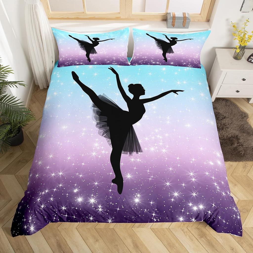Rainbow Bedding Set for Girls Ballet Duvet Cover Dancing Ballerina Silhouette Comforter Cover Twin Tie Dye Starry Sky Bed Cover