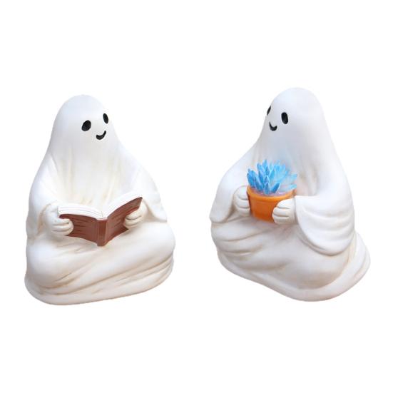 2 Pcs Sitting Ghost Ornaments Reading Holding Potted Plant Statue Figurine Resin Ghost Halloween Decor