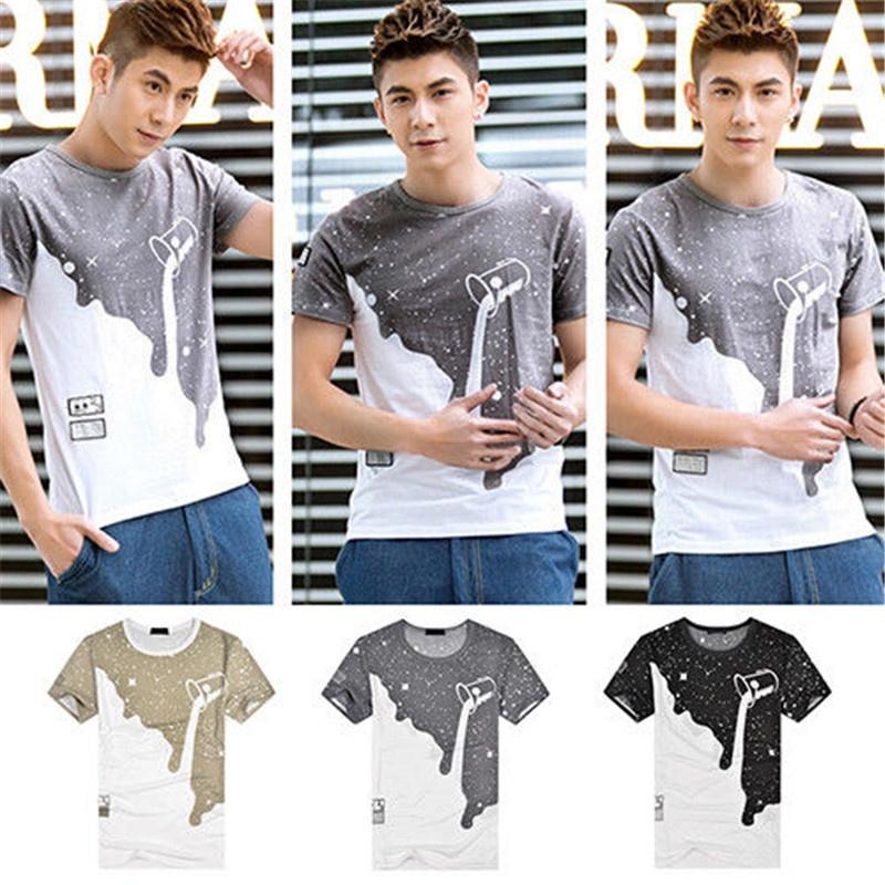 Trendy Mens Fashion Milk Poured Pattern Printed Short Sleeve Round Neck T-shirt