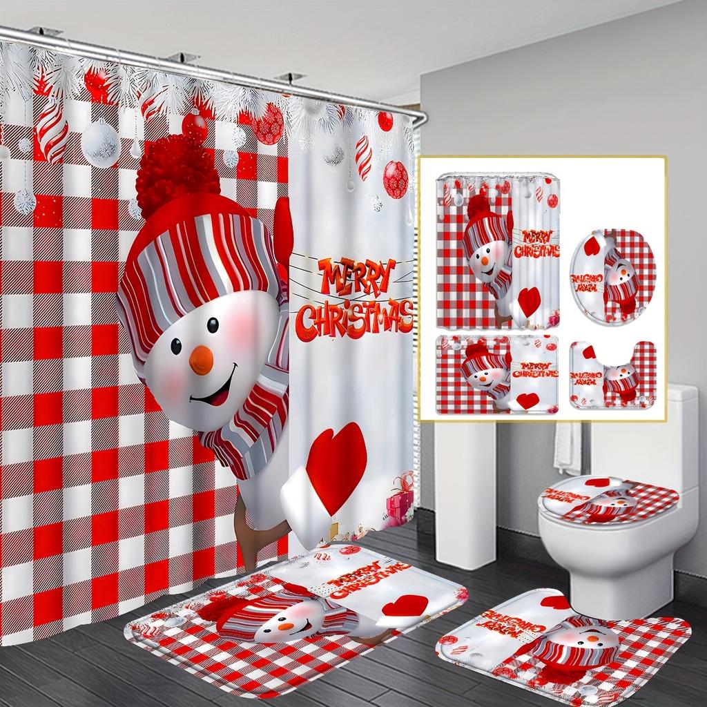Christmas Polyester Bathroom Shower Curtain Set, Christmas Gifts, Father Christmas Snowman, Happy New Year, Decor