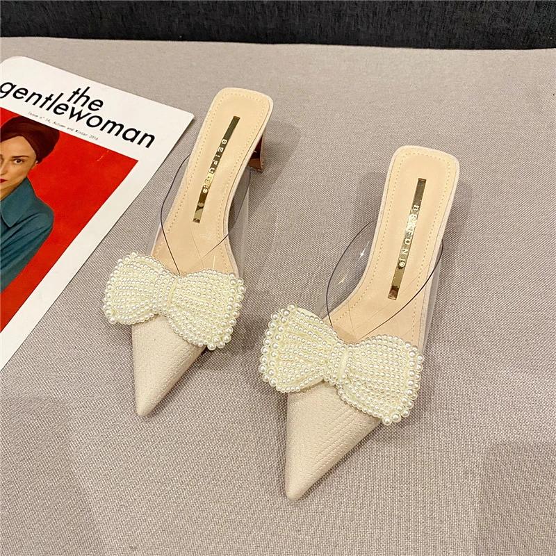 

Літні жіночі тапочки з гострим носком, модні елегантні туфлі з метеликами та шльопанці, туфлі-шльопанці, жіночі сандалі на відкритому повітрі на високих підборах 35 бежевий