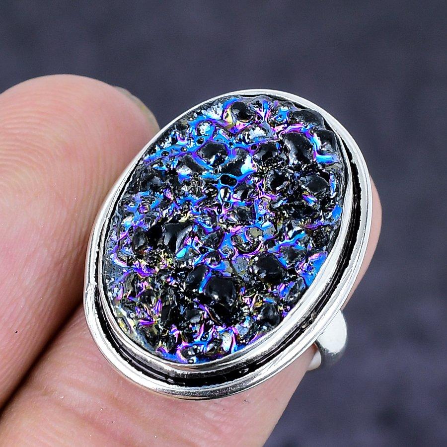 Titanium Druzy Gemstone Handmade 925 Sterling Silver Jewelry Ring Size 6.5 G9M25