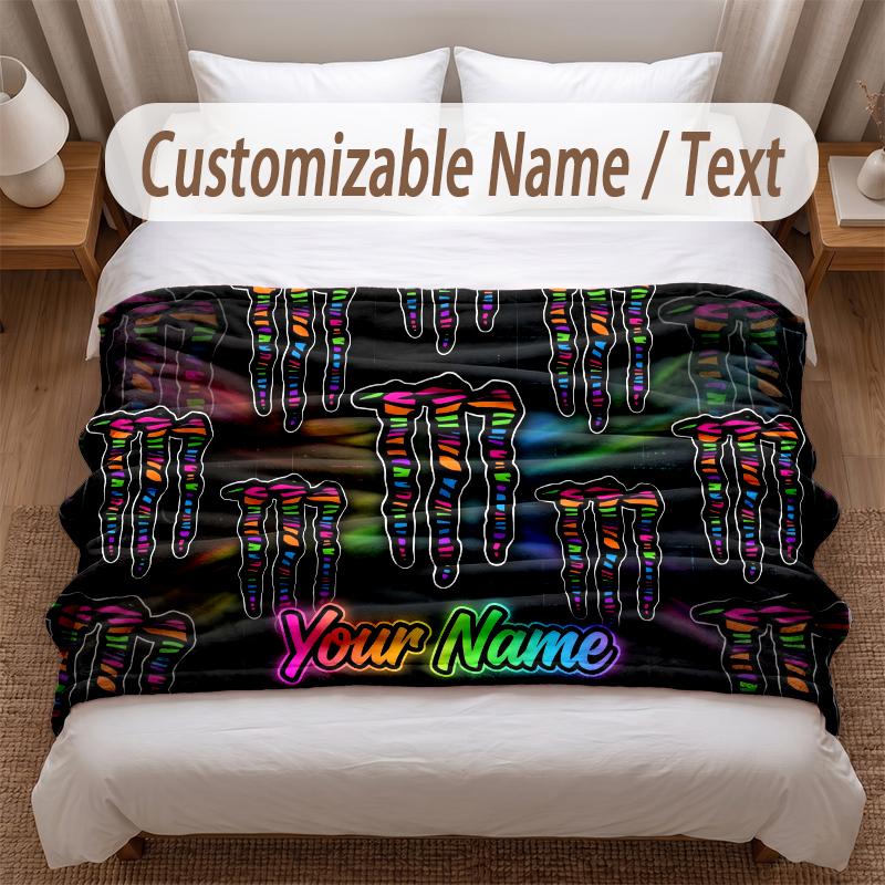Monster Energy Printed Flannel Blanket Custom Name Text Soft Warm Throw For Bedroom Holiday Gift