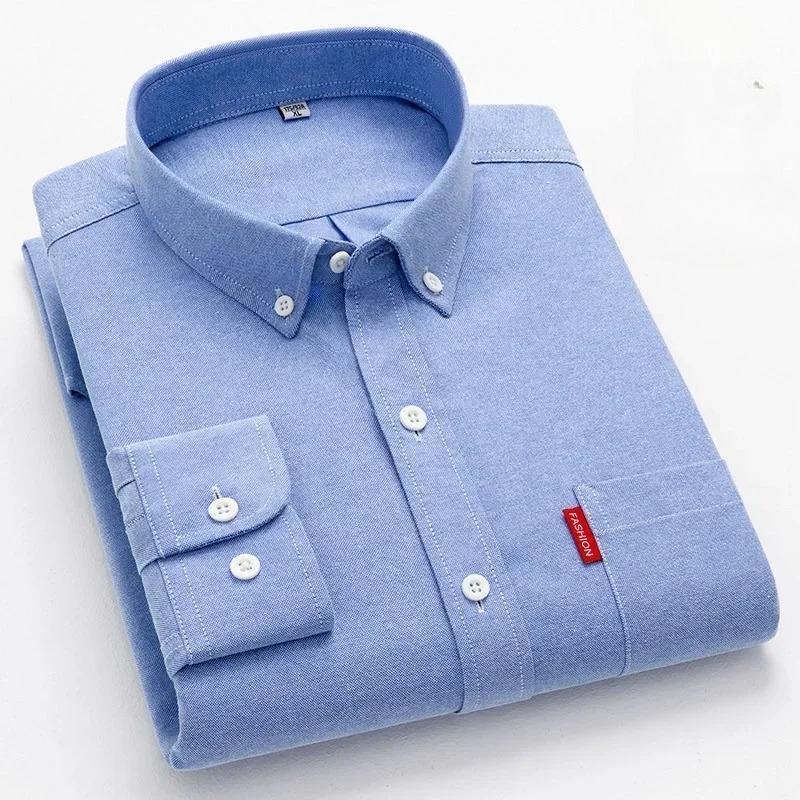5XL 4XL Oxford 100% Pure Cotton Men's Solid Color Long Sleeve Shirt Casual Formal Large Size Blue White Shirt Men's Long Sleeve