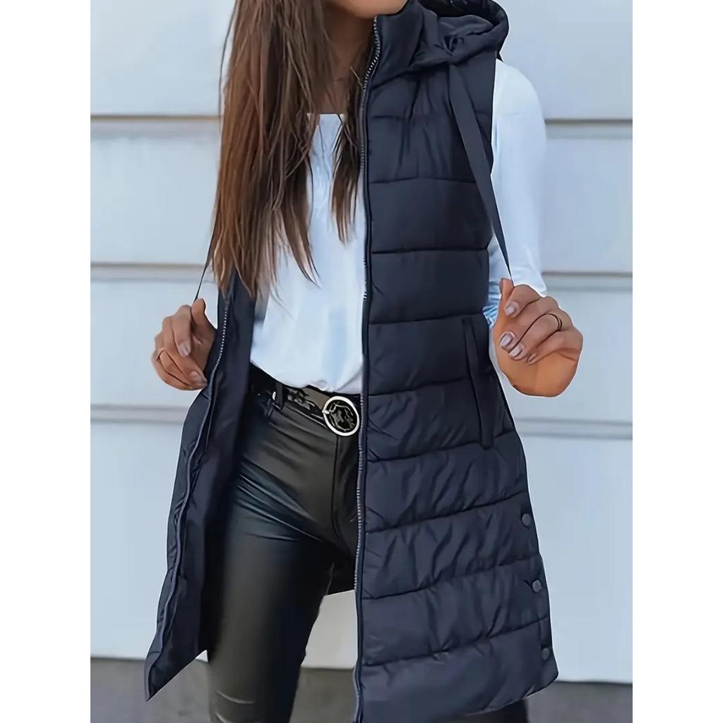 Solid Color Hooded Zipper Cotton Vest Jacket for Women's Mid To Long Size Plus