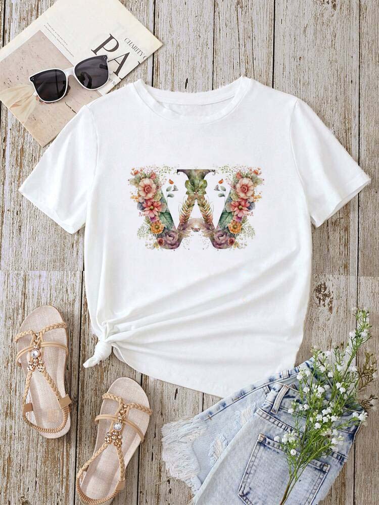 Custom Name Letter Combination Fashion Women T-shirt Floral Letter Font A B C D E F G Short Sleeve Tops White T-shirt