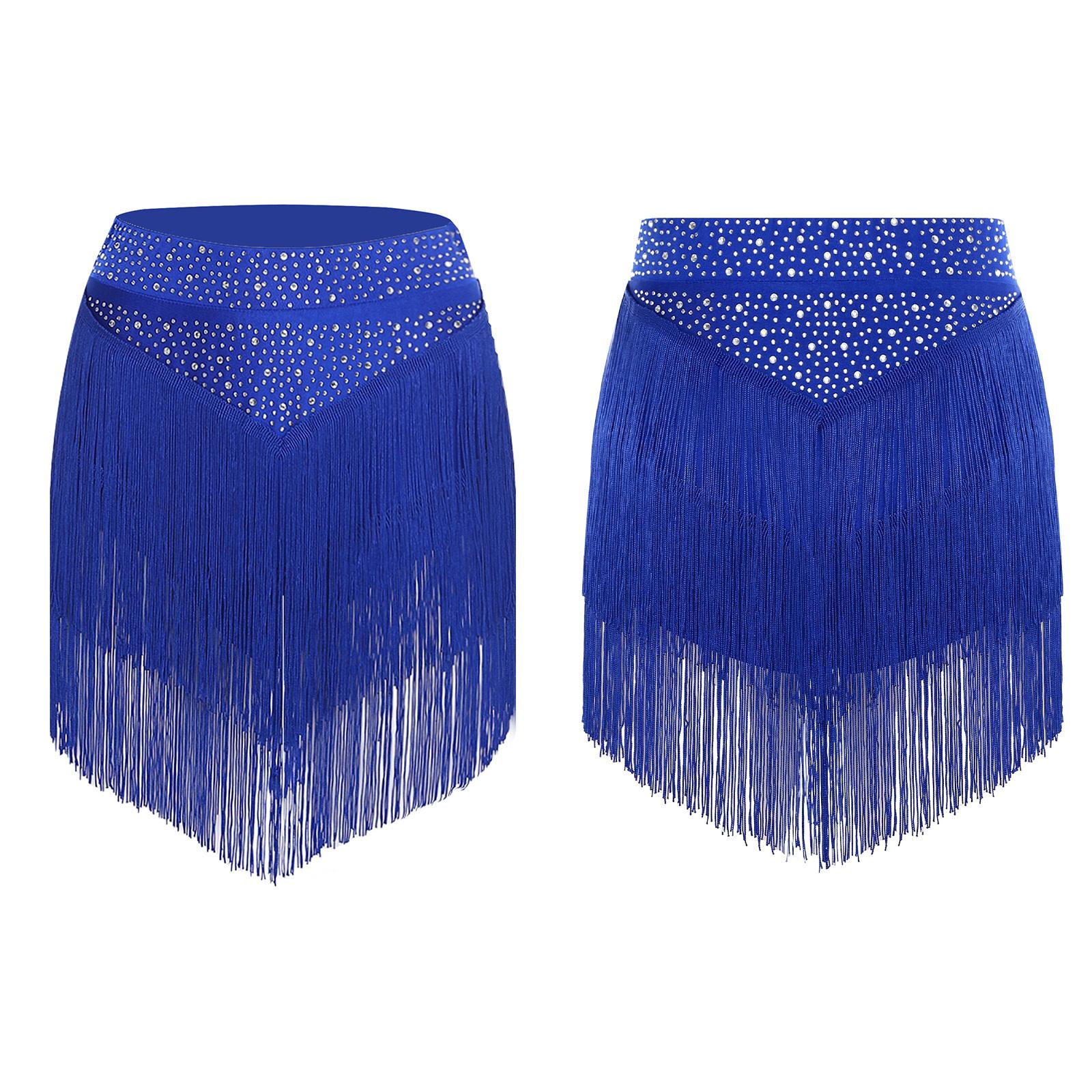 

Женская юбка для сальсы, латиноамериканских танцев S-XXL - Костюм для выступлений и соревнований с эластичным поясом и многоярусной бахромой S синий