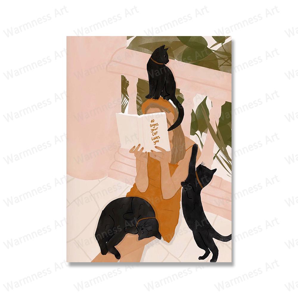 Boho Women Empowerment Wall Art Canvas Painting Female Posters And Print Black Cat with Girl Wall Pictures For Living Room Decor