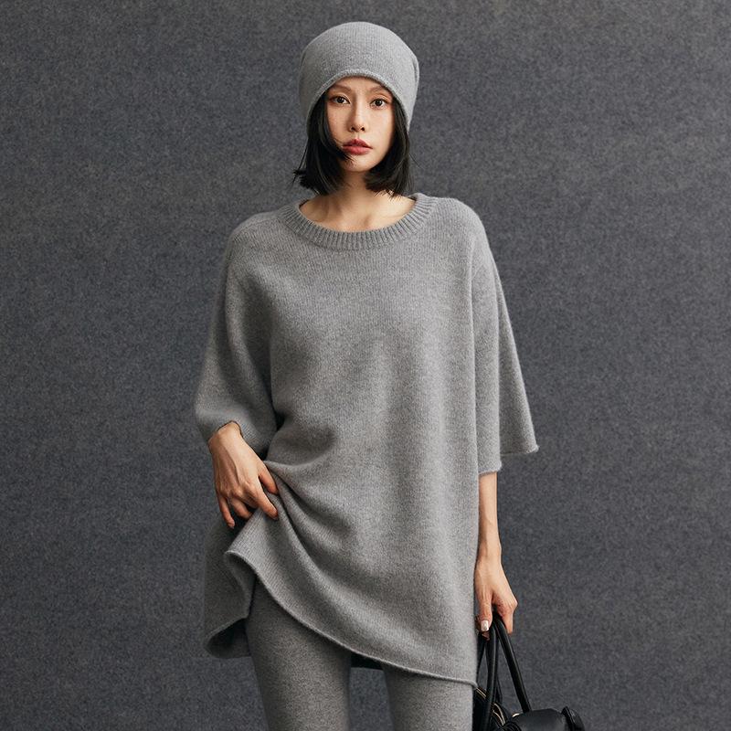 Damen Kaschmir Pullover mit Rundhalsausschnitt - Winter 2026, Mittellang, Fünf-Punkt-Ärmel, Sanfter Stil, Lockere Passform, Schlankmachende Strickware.