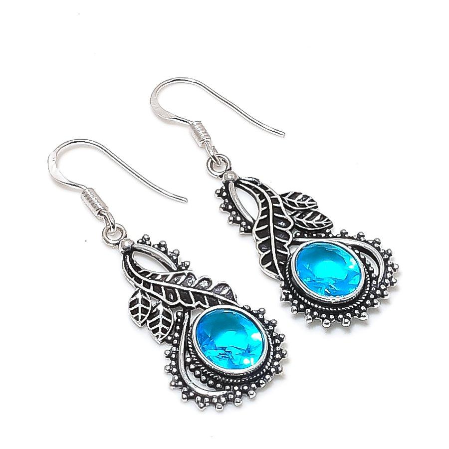 Натуральный голубой топаз Швейцария Серебро 925 пробы Серьга 1,97  AE-11954