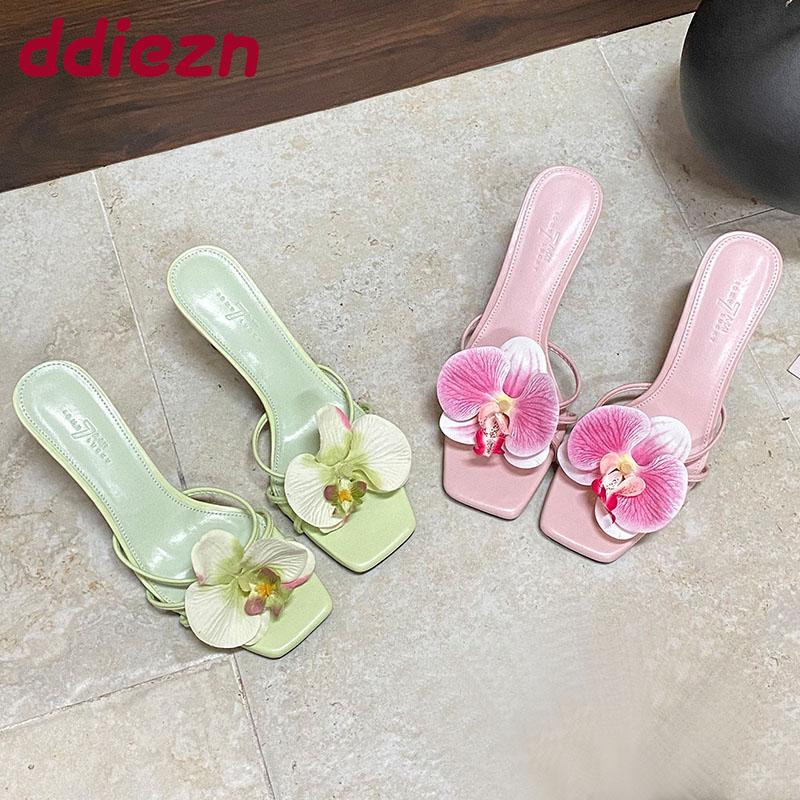 Fashion Female Slip On Footwear Square Toe Ladies High Heels Pumps Slides Shoes Luxury Fashion Flower Women Thin Heels Shoes 2025 New