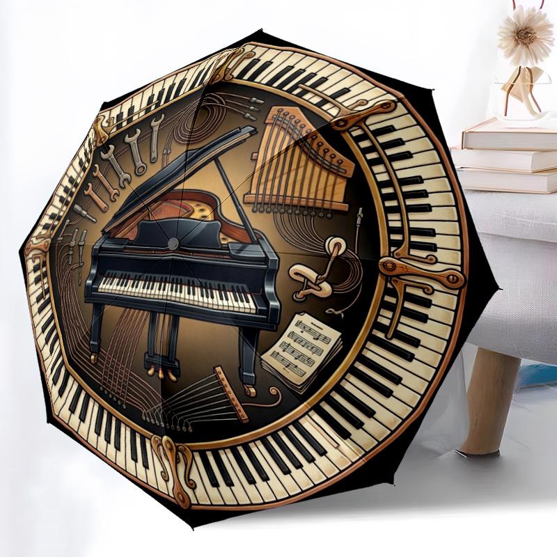 Piano Craftsmanship Emblem Pattern Umbrella, Portable and Foldable Design, 8 Ribs, a Casual Accessory for Halloween, Christmas, and Birthday Gifts.