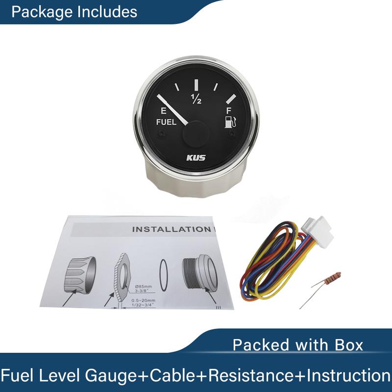 KUS New 52mm Auto Marine Fuel Oil Level Gauge Meter 0-190 ohm 240-33ohm with Red Yellow Backlight 12V/24V for Car Boat