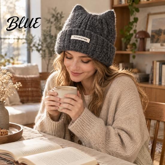 Casual Daily Headgear Cute Cat Ear Woolen Hat Soft Knitted Cap with Cuffed Gift for Her Brim Warm Elastic Headwear Winter Hat Autumn And Women