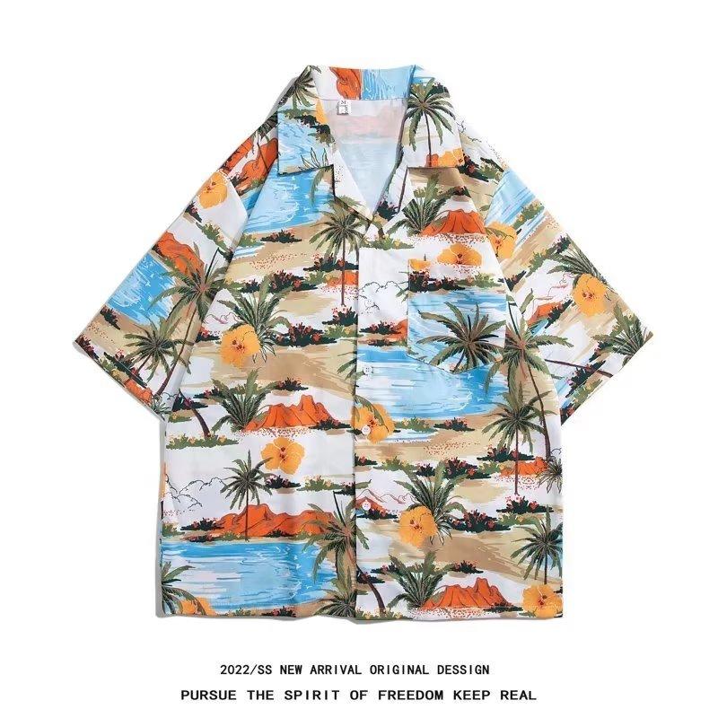 

Летняя мужская рубашка с короткими рукавами и цветочным принтом, красивая гавайская пляжная рубашка в стиле ретро для мужчин и женщин, повседневная рубашка с воротником, топ для пары, свободный крой