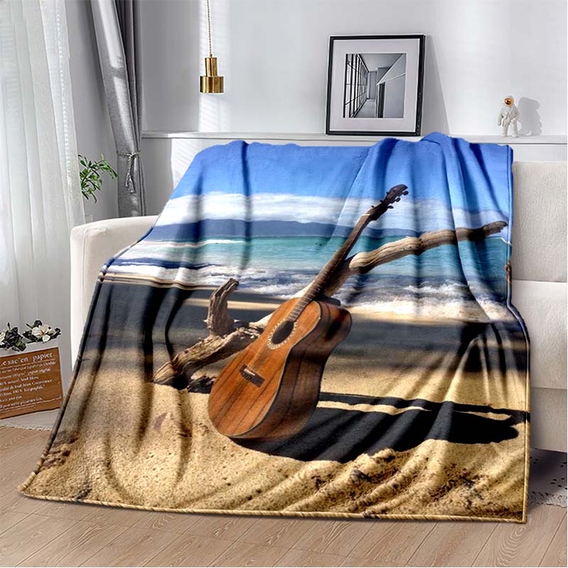 Tropical Beach Electric Guitar Print Flannel Blanket, Palm Tree & Amp Throw Blanket